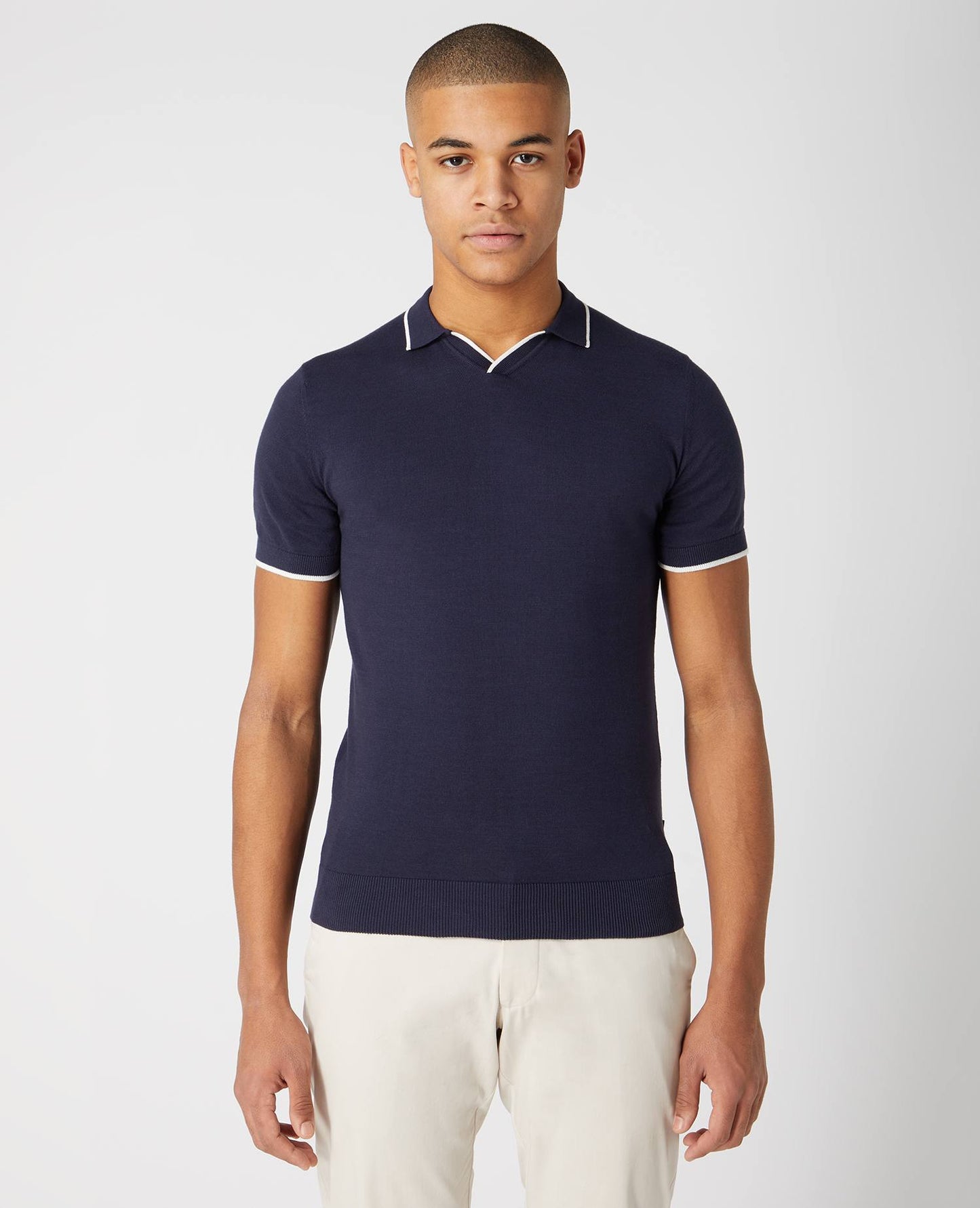 Remus Uomo Navy Cotton Polo White Stripe Detail