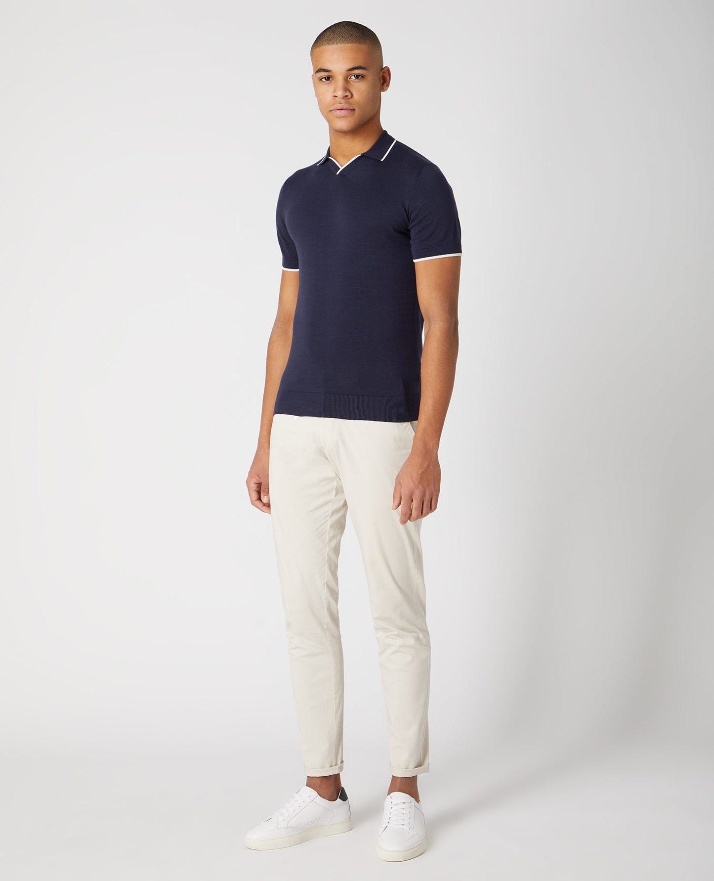 Remus Uomo Navy Cotton Polo White Stripe Detail