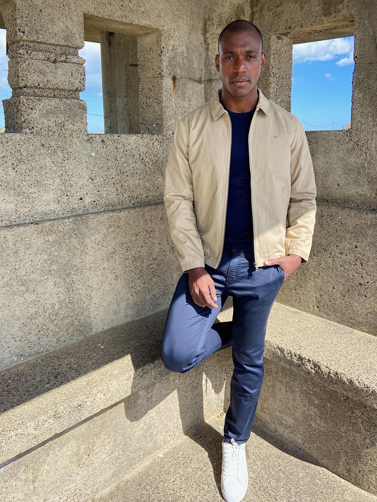 Men’s Water-Resistant Beige Cotton Zip Jacket with Long Sleeves and a collar from Eden Park Paris, Mish Mash Dark Navy Cotton Chinos, Eden Park Navy Cotton Crew Neck T-Shirt and GANT White Leather trainers available at StylishGuy Menswear Ireland