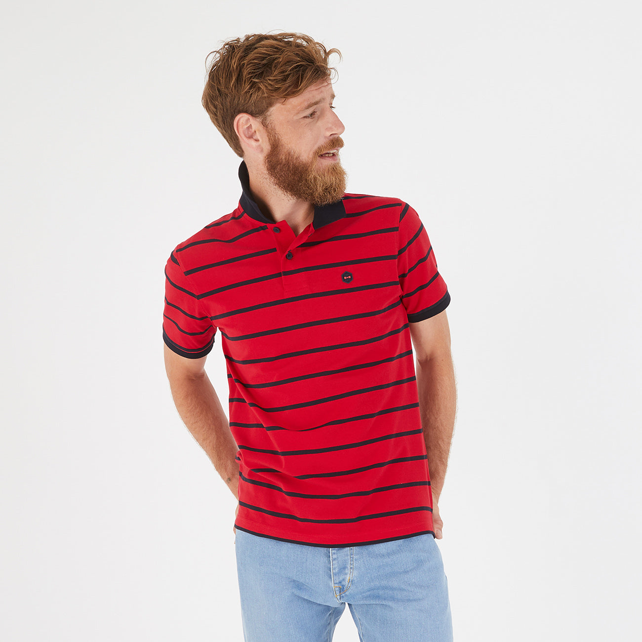 red white and black striped polo shirt
