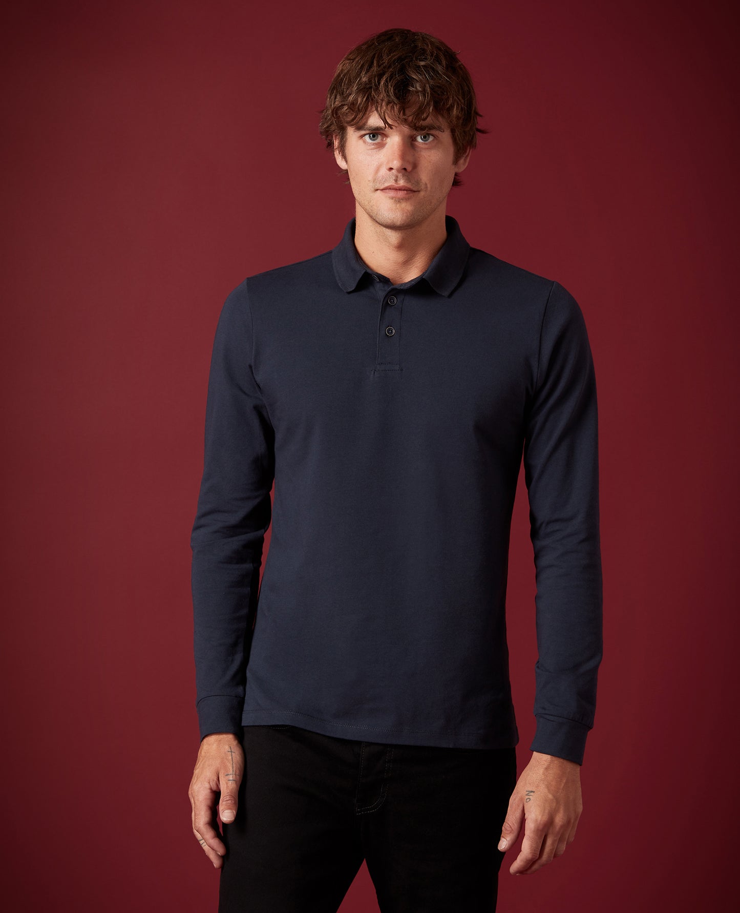 Remus Uomo Long Sleeve Navy Cotton Polo