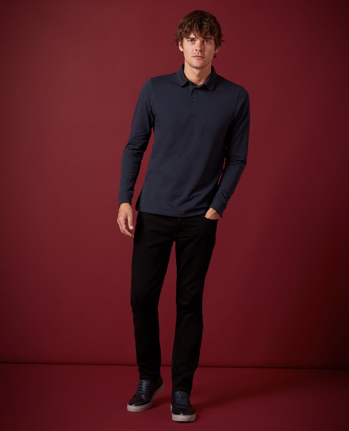 Remus Uomo Long Sleeve Navy Cotton Polo