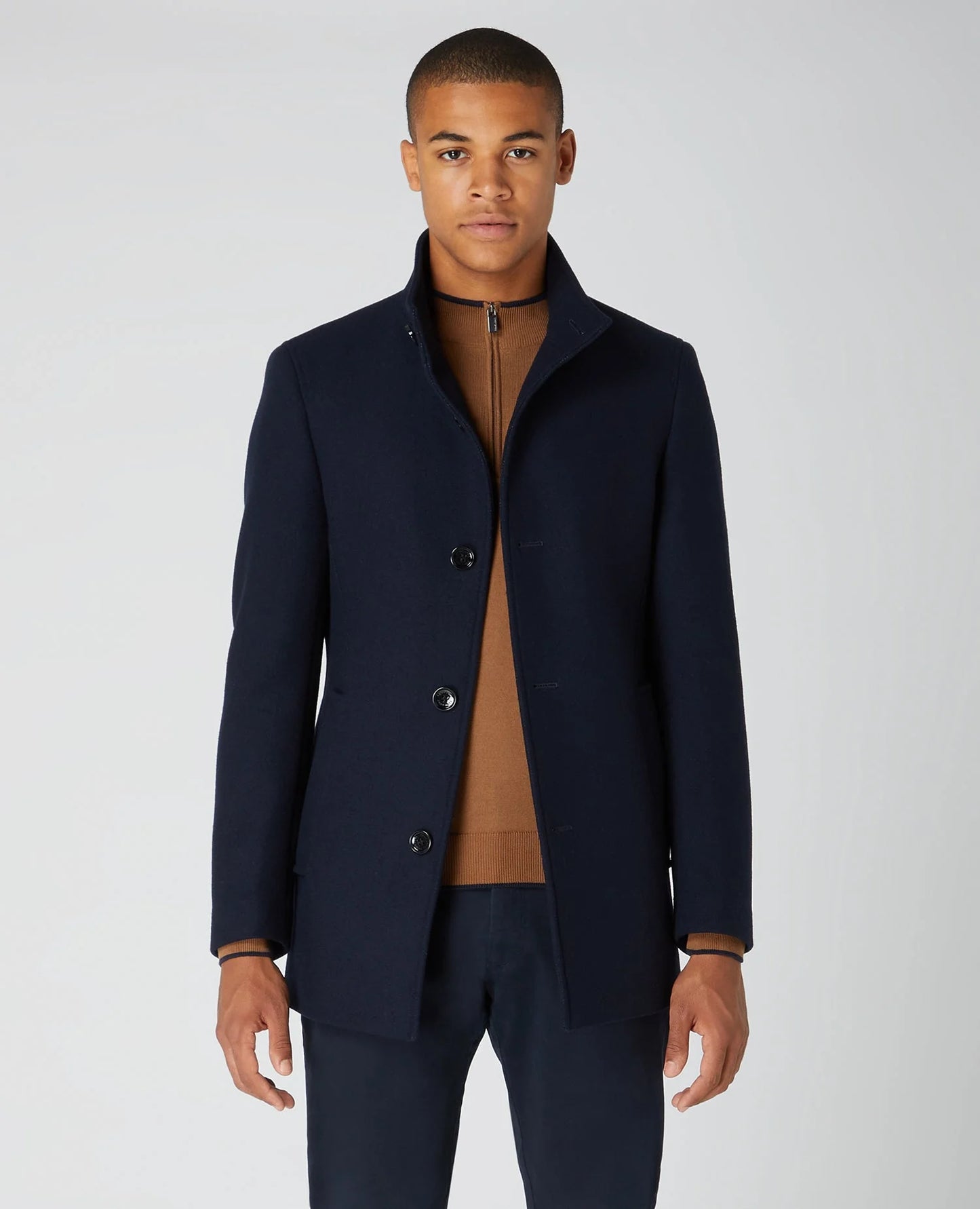 Tailored Fit Wool Blend Overcoat in Dark Navy