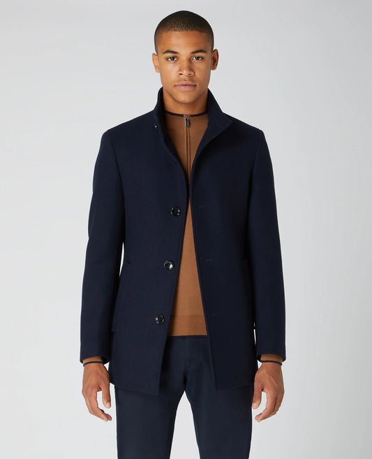 Tailored Fit Wool Blend Overcoat in Dark Navy