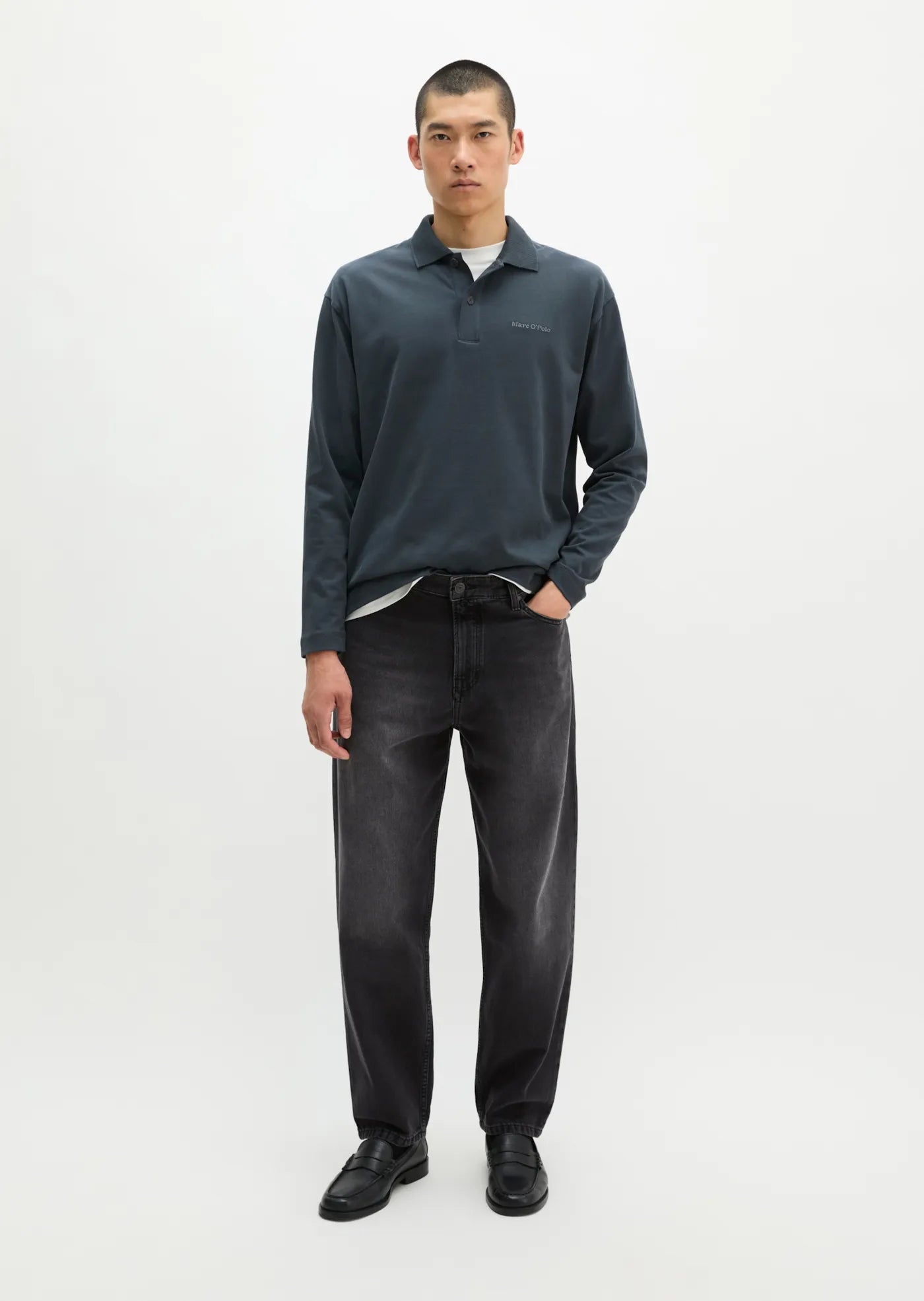 Marc O'Polo Relaxed Long Sleeve Polo in Grey