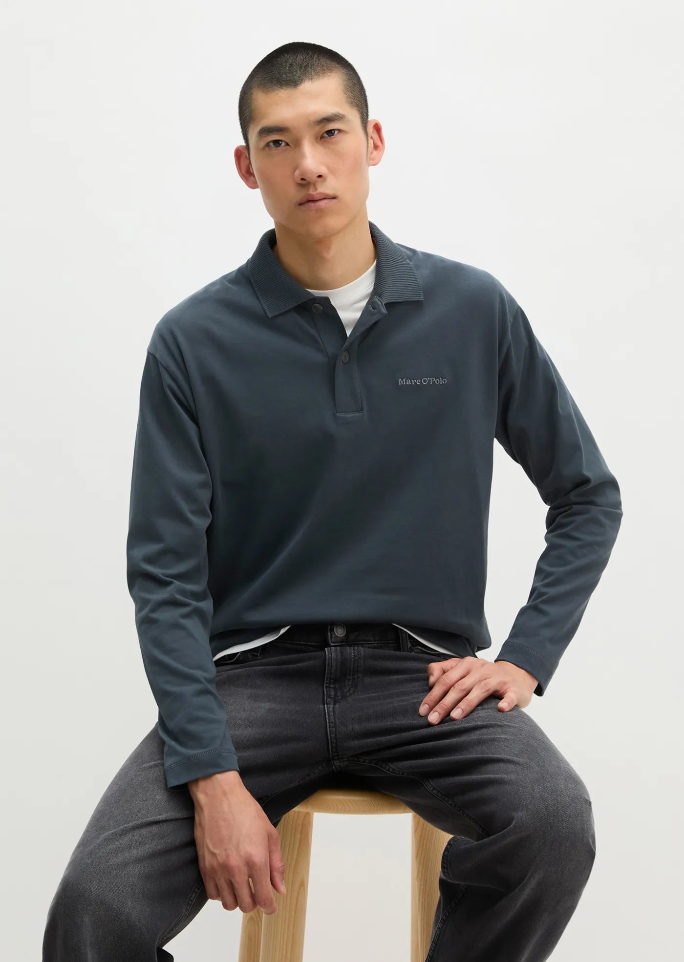 Marc O'Polo Relaxed Long Sleeve Polo in Grey