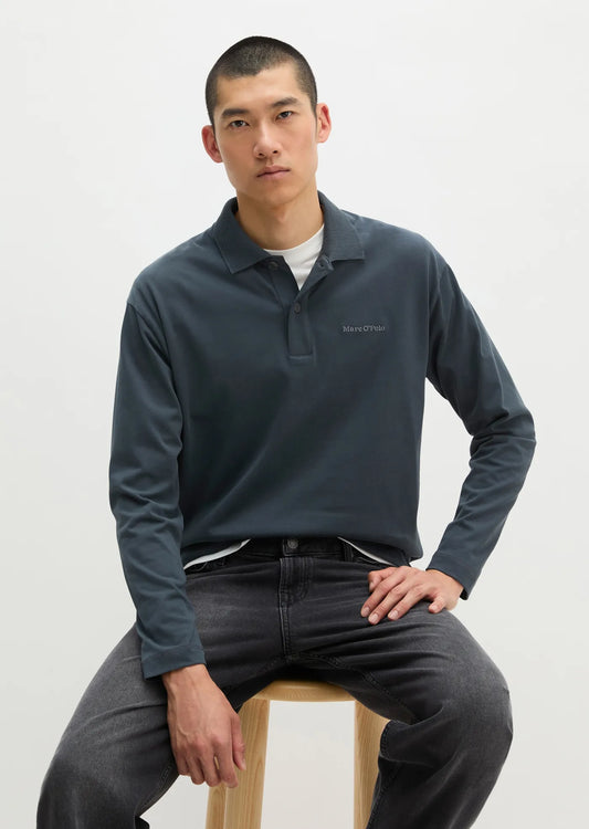 Marc O'Polo Relaxed Long Sleeve Polo in Grey