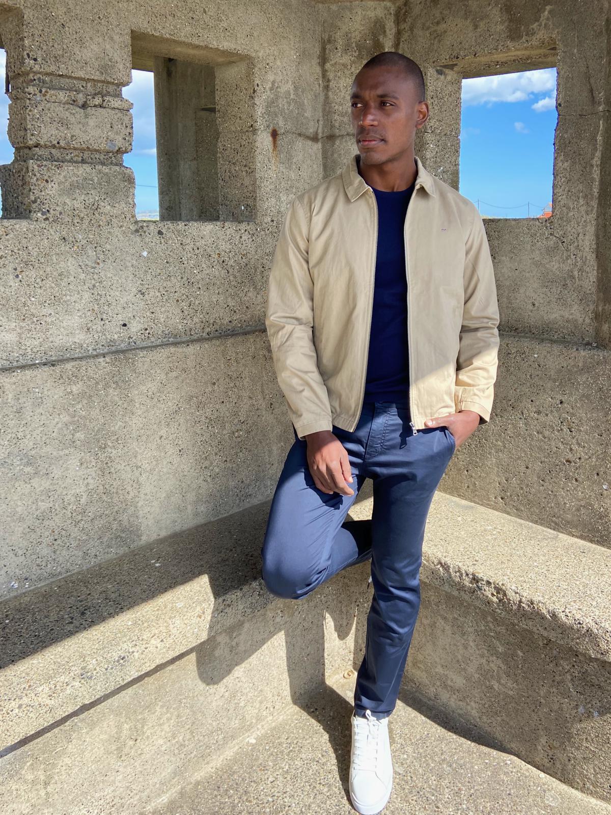 Men’s Water-Resistant Beige Cotton Zip Jacket with Long Sleeves and a collar from Eden Park Paris, Mish Mash Dark Navy Cotton Chinos, Eden Park Navy Cotton Crew Neck T-Shirt and GANT White Leather trainers available at StylishGuy Menswear Ireland