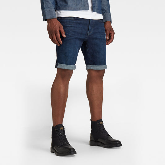 G-Star Dark Denim 3301 Jean Shorts made from RAW materials in a slim straight leg with length to the knee. Finished with a rolled up hem, available at StylishGuy Menswear Dublin.