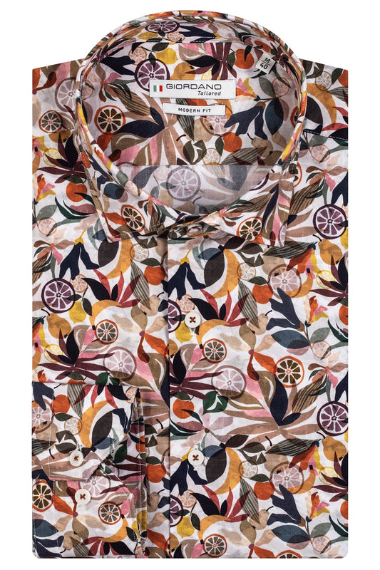 Giordano 100% cotton shirt. Yellows, reds and blues leaf and fruit pattern. The perfect summer light shirt. Dressed casually not tucked in, or more formal tucked in. Great paired with jeans and chinos but also shorts. 